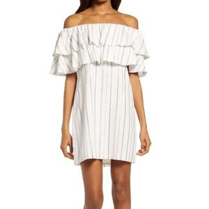 Charles Henry White and Black Striped Off-Shoulder Mini Dress